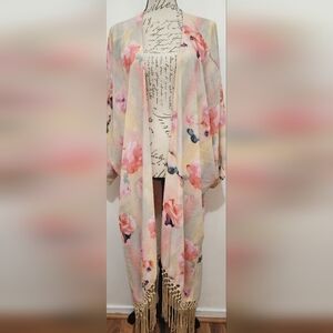 Melissa McCarthy Seven Floral Kimono w/ Fringe & Lace. Size 1X